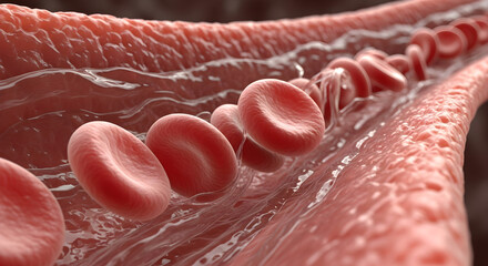 Detailed 3d illustration of red blood cells flowing through a blood vessel for medical education and healthcare branding