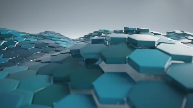 Abstract blue hexagon tiles undulating across a surface with bright reflections and gradients