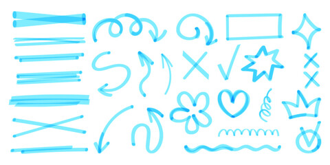 Hand drawn marker highlights and underlines, blue pen doodle strokes, vector set isolated on white. Check box on whiteboard, arrows, star and heart marks for emphasis, marker texture elements