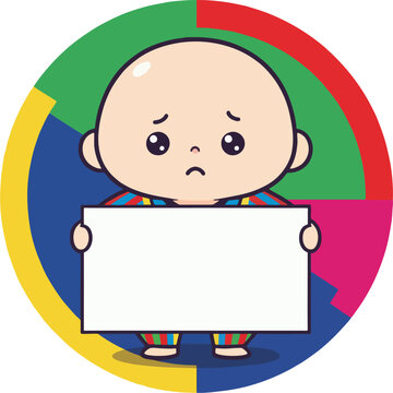 Sad cartoon baby holding a blank sign in front of a colorful abstract circular background