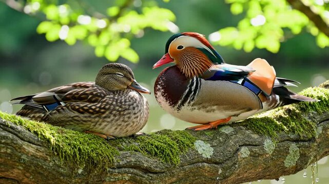 A captivating close-up showcases two beautiful waterfowl resting peacefully on a moss-covered tree branch amidst lush natural surroundings. One bird displays stunning, vibrant plumage with intricate p