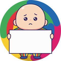 Sad Cartoon Baby Holding a Blank Sign on a Colorful Swirl Background