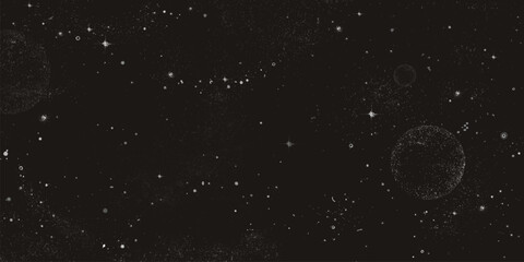 Halftone space background with dot planets and stars on black. Vector realistic illustration of vintage grunge wallpaper with abstract white spots, asteroids, constellations, dotwork galaxy design © klyaksun