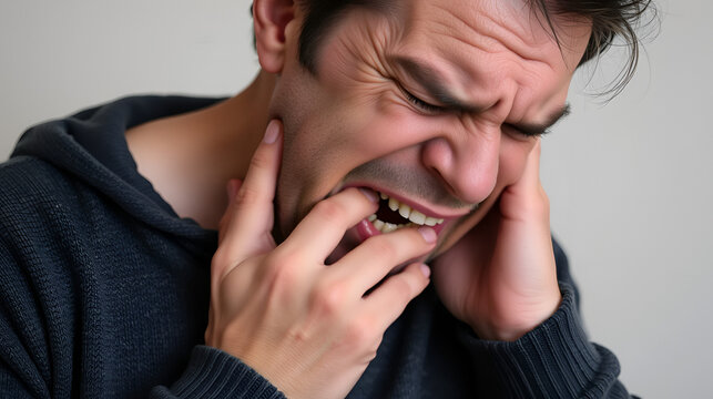 A tired man holds his throat, expressing the pain and discomfort of a throat infection. His grimace and visible discomfort illustrate the pain he feels.