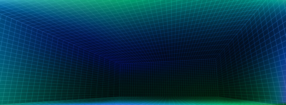 3D wireframe grid room with perspective lines, immersive digital space for VR metaverse games. Vector background of futuristic cyber environments with neon blue green grid accents.