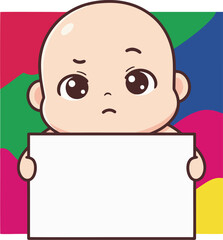 Worried cartoon baby with big eyes holding a blank white sign against a vibrant colorful abstract background