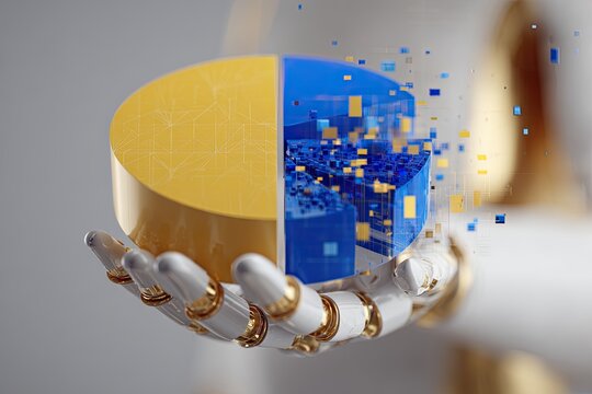 A robotic hand presents a pie chart split between gold, and digital blue data