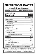 Fototapeta premium Organic Dried Chickpeas Nutrition Facts Label Template cutout isolated illustration on transparent background layout