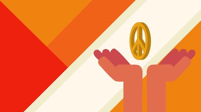 Minimalist animation of open hands lifting a peace symbol over a warm retro geometric background. Symbolizing harmony, unity, hope, and global solidarity in a bold modern style.