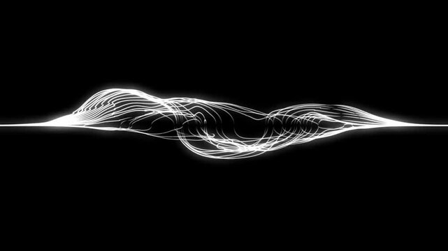 Animation of wave particle binary technology coding white digital line wave against black background