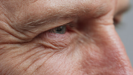 Extreme close-up of facial skin showing wrinkles with fine lines around the eyes and forehead.