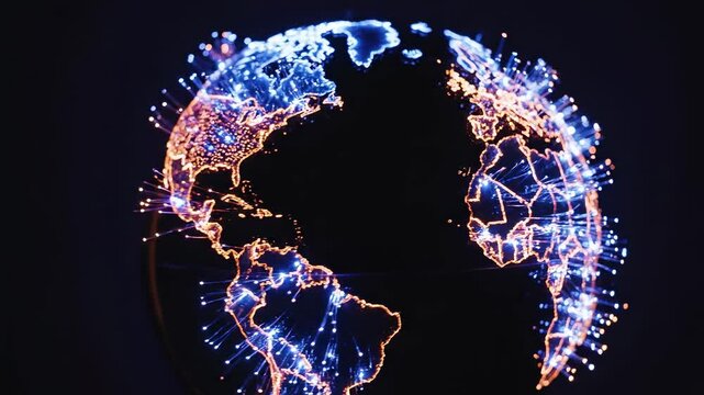 Global map lights up as network connections form across continents. Digital representation of data exchange and global connectivity. Concept of technology, networking, telecommunications