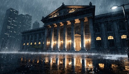 Fototapeta premium Grand neoclassical building at night in heavy rain with reflections on wet pavement