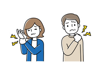 Fototapeta premium 手首が痛む女性と肩こりの男性のイラスト