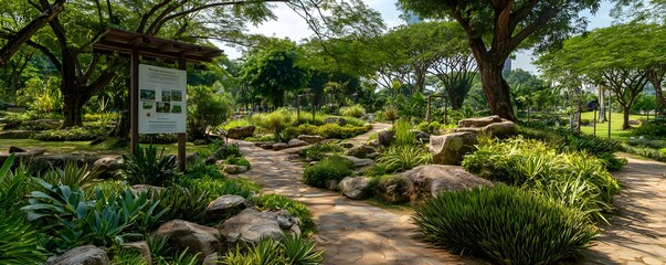 Fototapeta premium Public park with educational botanical signage and natural plant layout