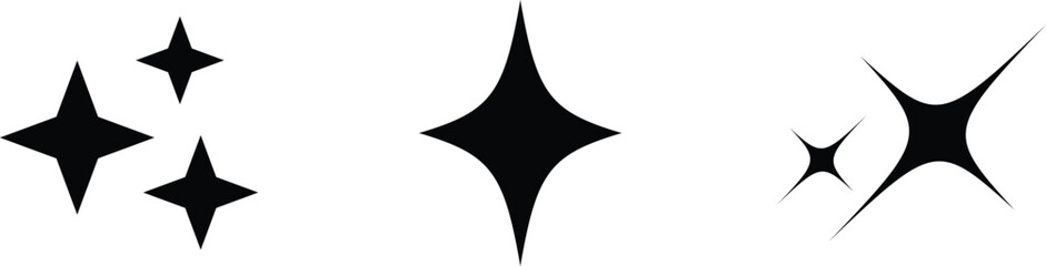 Fototapeta premium Three distinct styles of black sparkle icons arranged horizontally on a clean white background