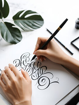Unrecognizable female creating calligraphy