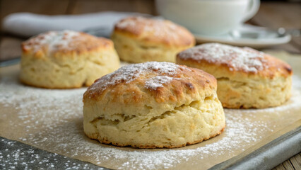 Fluffy and delicious scones sprinkled with powdered sugar on a wooden board. The scones are golden-brown and have a tempting texture, alongside a cup of tea in the background