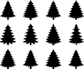 Obraz premium A black and white vector set of pine tree icons. This collection features various minimalist forest silhouettes for logo design, labels, signs, and branding elements.