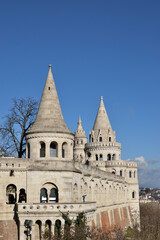 Fototapeta premium View of the towers and terrace of Fisherman's Bastion in Buda Castle District, Budapest, Hungary.