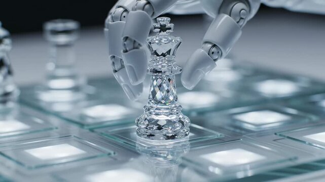 Robot moves clear chess piece on advanced board with light-up squares. Focus on strategy in modern gaming environment. Concept of technology, robotics, gaming