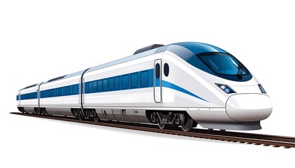 Fototapeta premium A sleek, modern passenger train in white and blue, speeding along tracks on a white backdrop, demonstrating speed