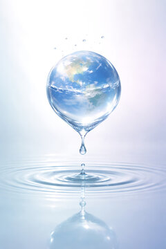 Transparent water drop shaped like earth dripping into calm pond for world water day representing sustainability and the constant flow of life within our planet