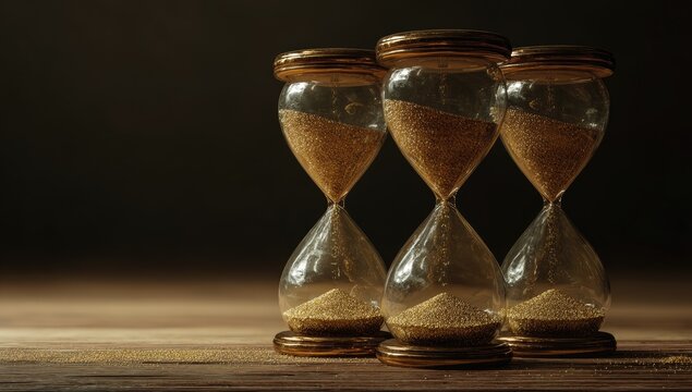 Close-up of three sand-filled timekeeping devices on a wooden surface with a dark background