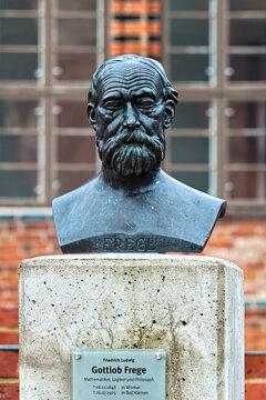 Wismar, Germany. Bronze bust of Gottlob Frege, the German philosopher, logician, and mathematician. The bust was created by the German sculptor Karl-Heinz Appelt.