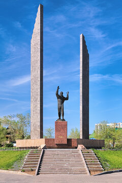 Orenburg, Russia. Yuri Gagarin monument. The monument to the first cosmonaut by sculptor Yuri Chernov and architects Harold Isakovich and Alexander Agafonov was unveiled on April 12, 1986.