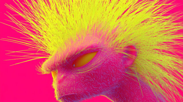 Monsters dance joyfully in whimsical night forest concept. Colorful artistic creature with vibrant spiky hair in bold colors.