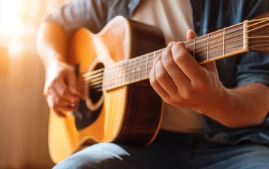 Fototapeta premium Musician Tuning Guitar in Bright Room Setting