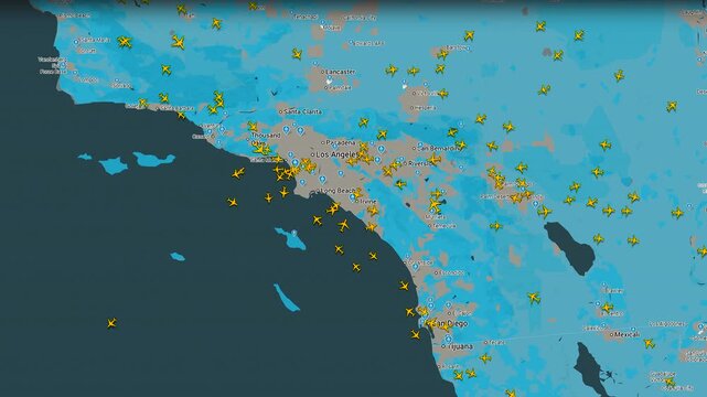 Accelerated air traffic over Los Angeles region flight radar map, Time lapse of dense aircraft traffic in Southern California airspace