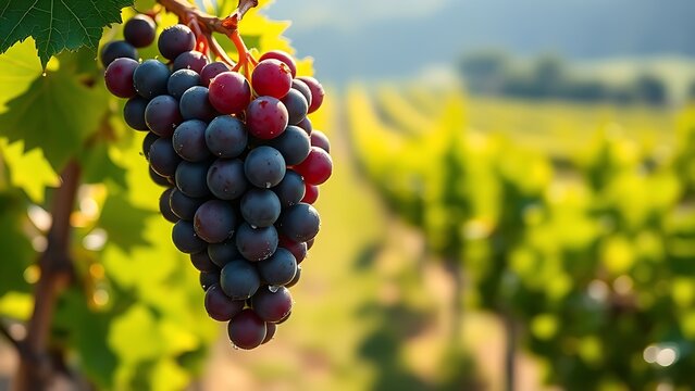 generality. A single cluster of Cabernet Sauvignon grapes glistening with dew in a vineyard under soft sunlight. gardening catalogs, home-decor guides, designed for home decor and floral branding.