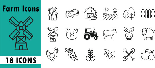 Farm Icons Collection &ndash; 18 Minimalist Agriculture & Livestock Vector Symbols for Stock Platforms