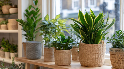 Fototapeta premium Assortment of lush green houseplants in woven baskets on a wooden shelf by the window