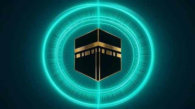 Digital Illustration of the Kaaba with Radiant Light Effects and Futuristic Design for Islamic Worship and Spirituality Themes