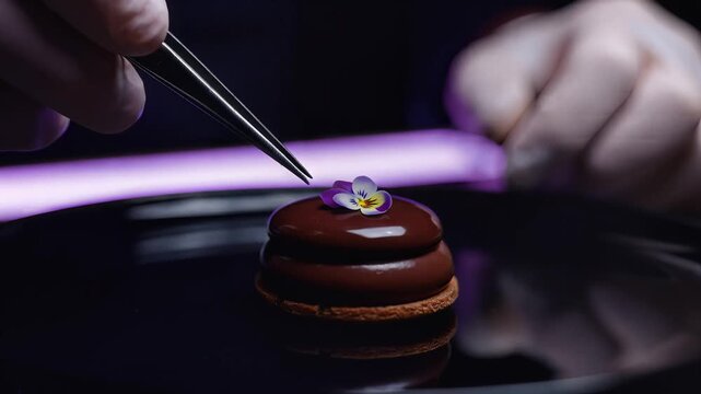 Chef decorates chocolate dessert with edible gold on black surface