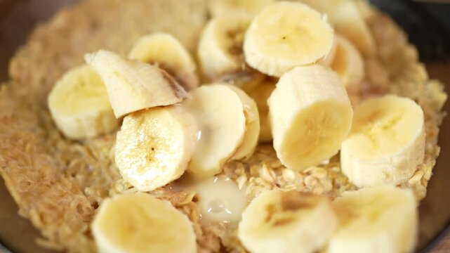 oatmeal with milk, bananas, and condensed milk