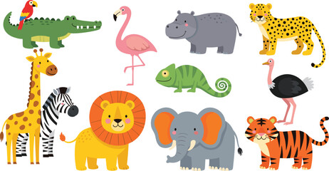 Set of cute cartoon safari animals featuring a lion elephant giraffe zebra tiger leopard crocodile with parrot flamingo hippo chameleon and ostrich for nursery and kids education illustration. © Mun islam