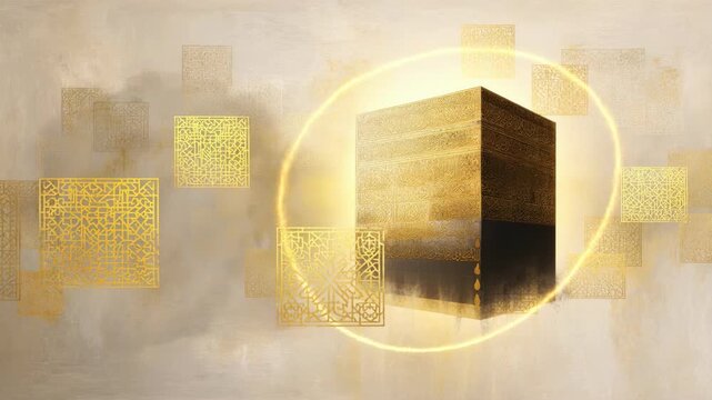 Elegant and luminous depiction of the Kaaba with intricate golden geometric patterns and radiant aura  symbolizing spiritual devotion and sacredness in Islamic tradition