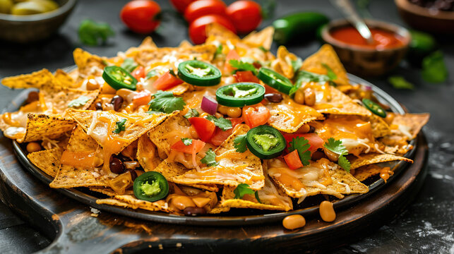 Delicious loaded nachos with melted cheese jalapenos olives and beans on a white plate appetizing