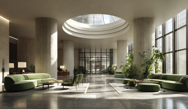 Expansive lobby with rounded columns, green seating, skylight, and large windows