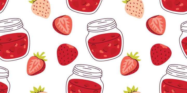 Seamless pattern with strawberries and glass jam jars for kitchen textile design artisanal food packaging and summer pantry wallpaper