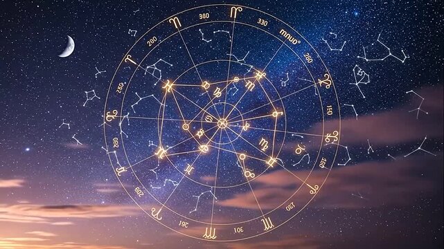 Astrological zodiac wheel with constellations and symbols under a crescent moon in a mystical starry night sky