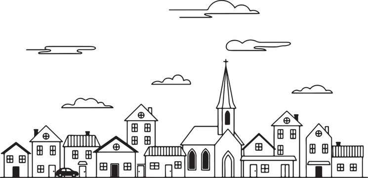 Black and white line of a small town with houses church and clouds also transparent background line black and white