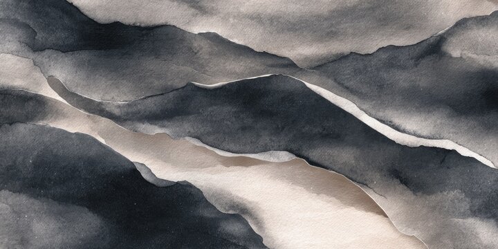 Abstract watercolor artwork in shades of gray and beige depicting layered, organic forms reminiscent of hills