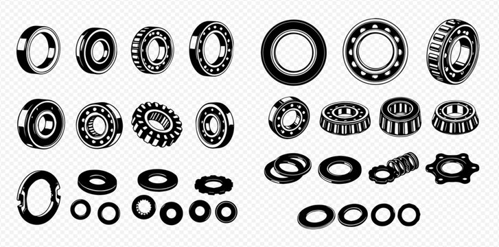 Set of various ball and roller bearings, mechanical parts for industrial machinery and automotive components.