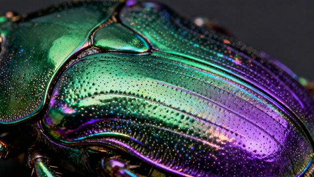 Close-up view of a metallic iridescent surface mimicking a beetle&rsquo;s chitinous shell, transitioning from deep forest green to violet. Exotic organic texture, bio-mimicry design, luxurious shimmering ba