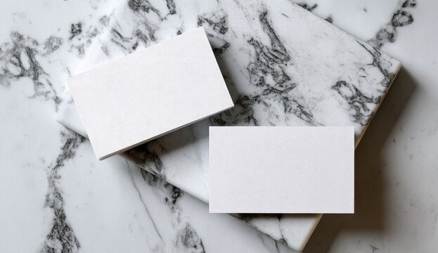 Two blank rectangular cards arranged on a marbled surface. Overhead shot, high contrast